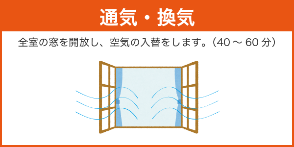 通気・換気　全室の窓を開放し、空気の入替をします。（40～60分）